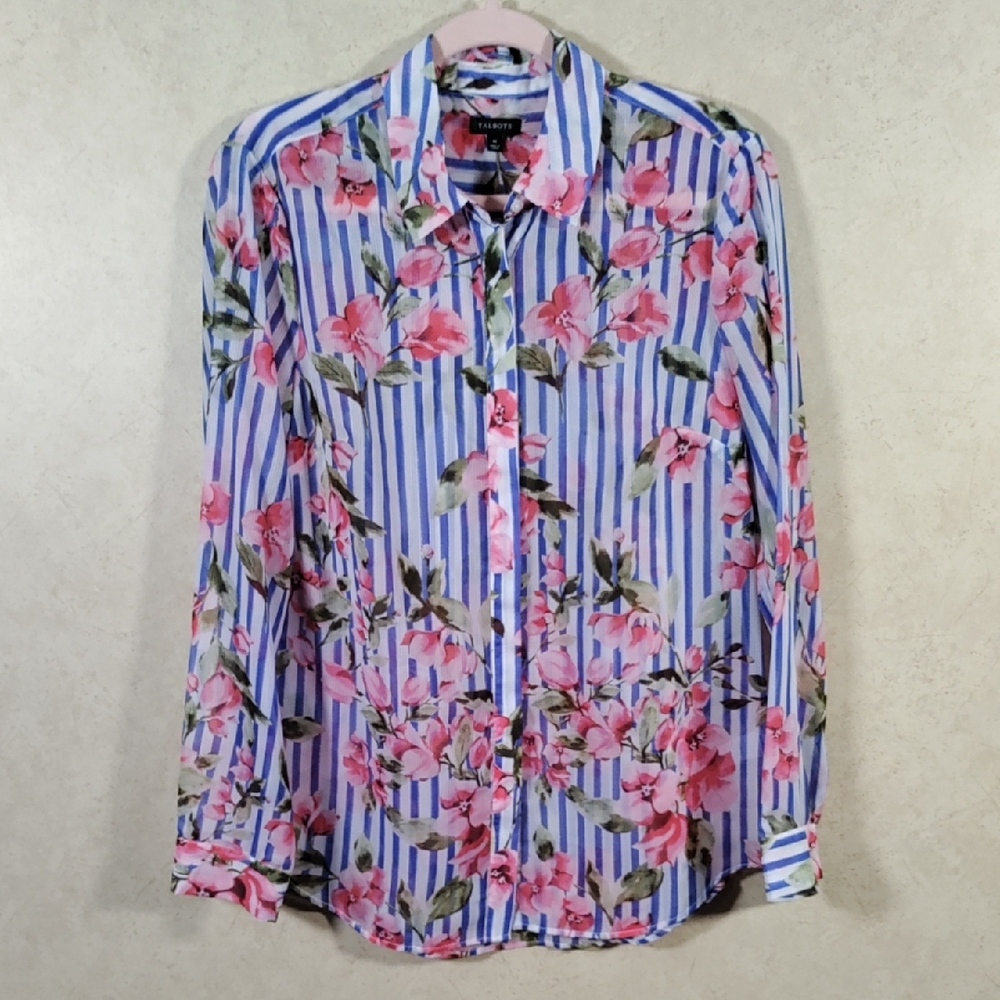 Talbots Blue & Pink Striped Floral Button-Front Blouse